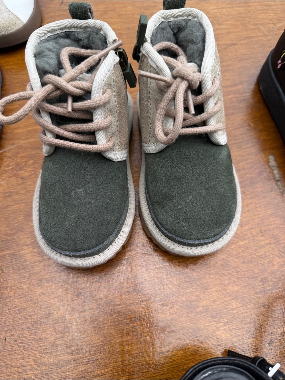 UGG Kids Olive and Tan Suede Lace-Up Booties